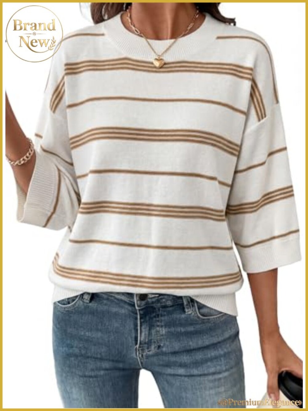 Oversized 3/4 Sleeve Striped Lightweight Knit Pullover Sweater